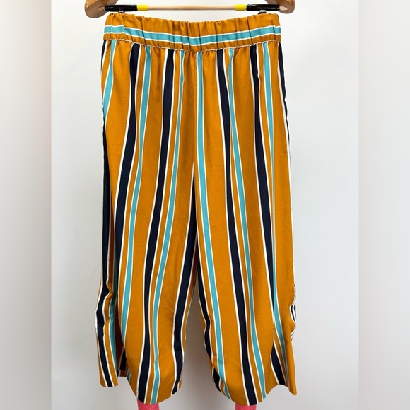 ZARA Mustard yellow and navy stripe elastic waist crop pants size L - Picture 5 of 13
